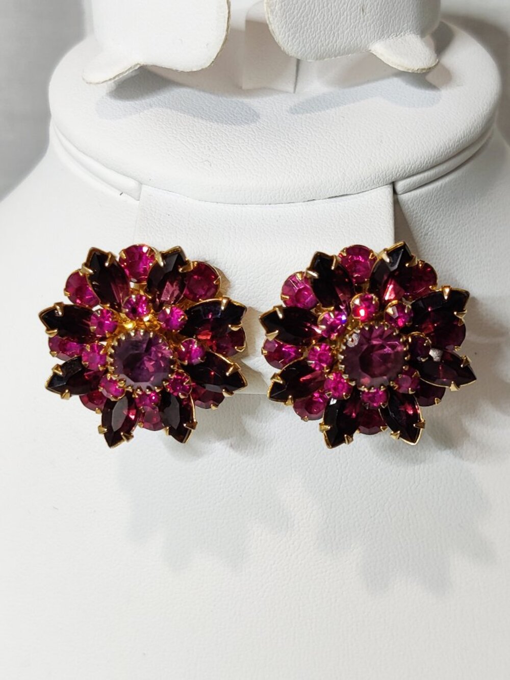 Vintage Signed Judy Lee Pink Purple Rhinestone Earrings